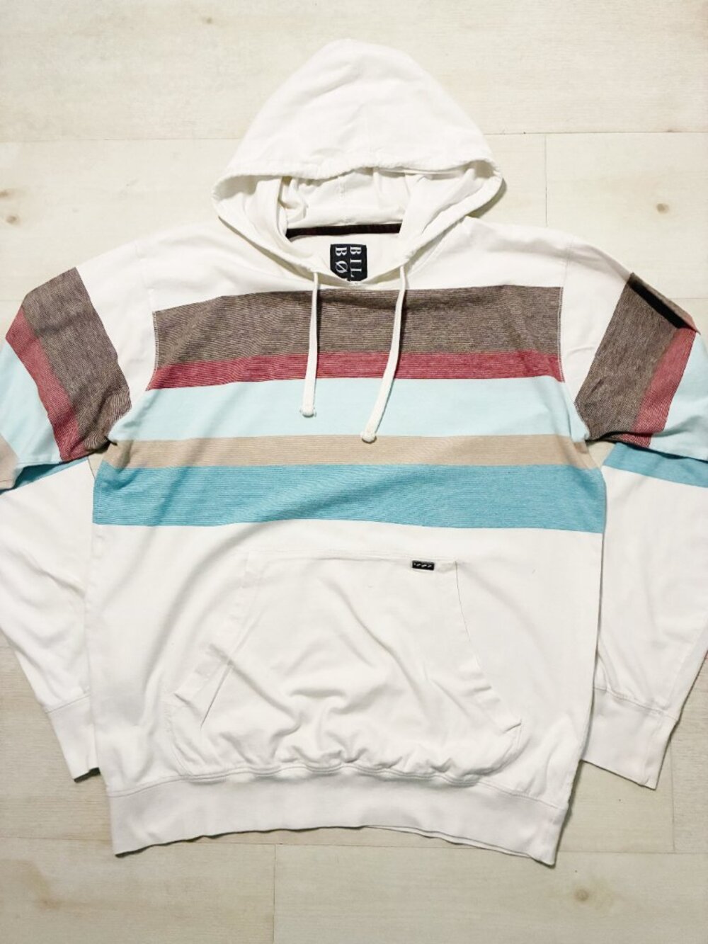 Billabong "Blinded" Striped Pullover Hoodie Men's White Blue Retro Size XL - Picture 2 of 5